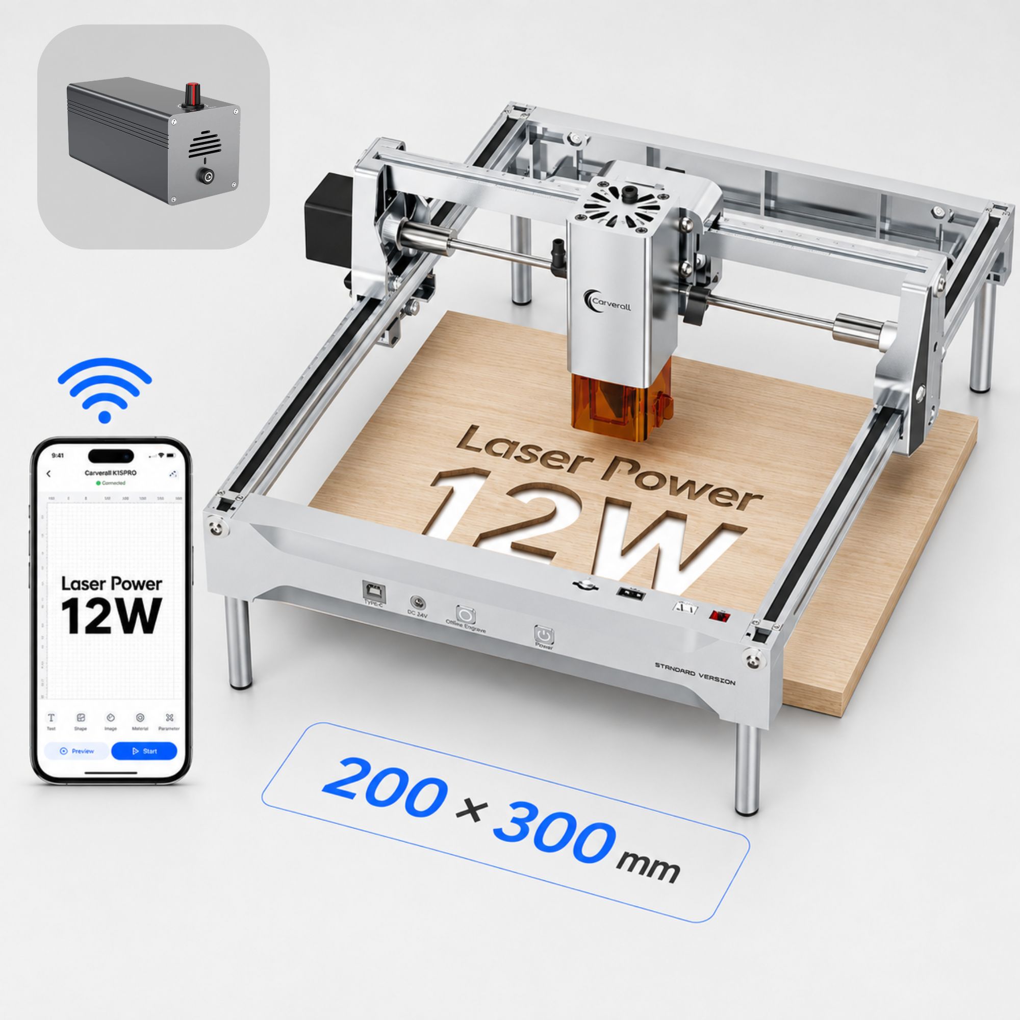 Industrial Laser Engraver - K15 PRO 12W レーザー彫刻機・カッター（MD12エアアシストキット付き）、200x300mm A4エリア、15000mm/分、0.01mm精度、WiFi USB、LightBurn