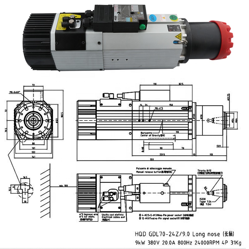 Cnc Spindle Motor - サプライヤーHQD 9kw 220v 380v ロングノーズATC 9kwスピンドルモーターHSK